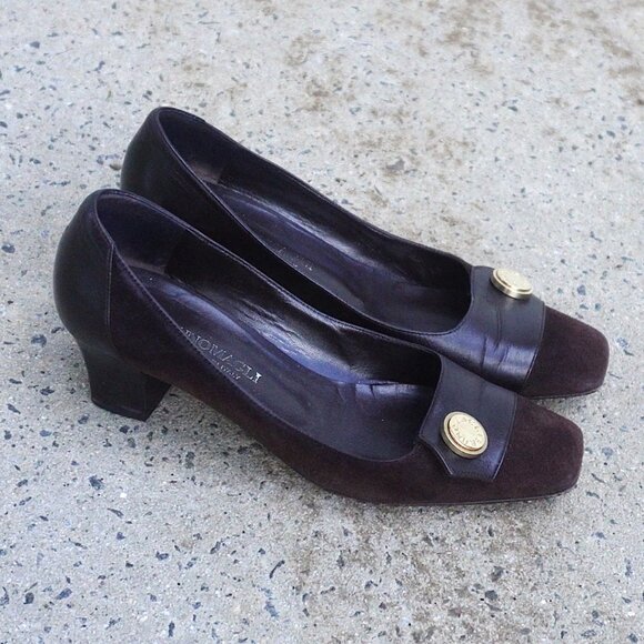 90s Y2K Vintage Bruno Magli Low Block Heel Square Toe Pumps - Picture 1 of 7